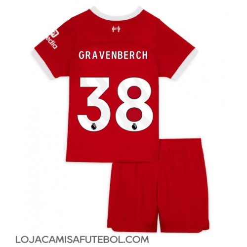 Camisa de Futebol Liverpool Ryan Gravenberch #38 Equipamento Principal Infantil 2023-24 Manga Curta (+ Calças curtas)